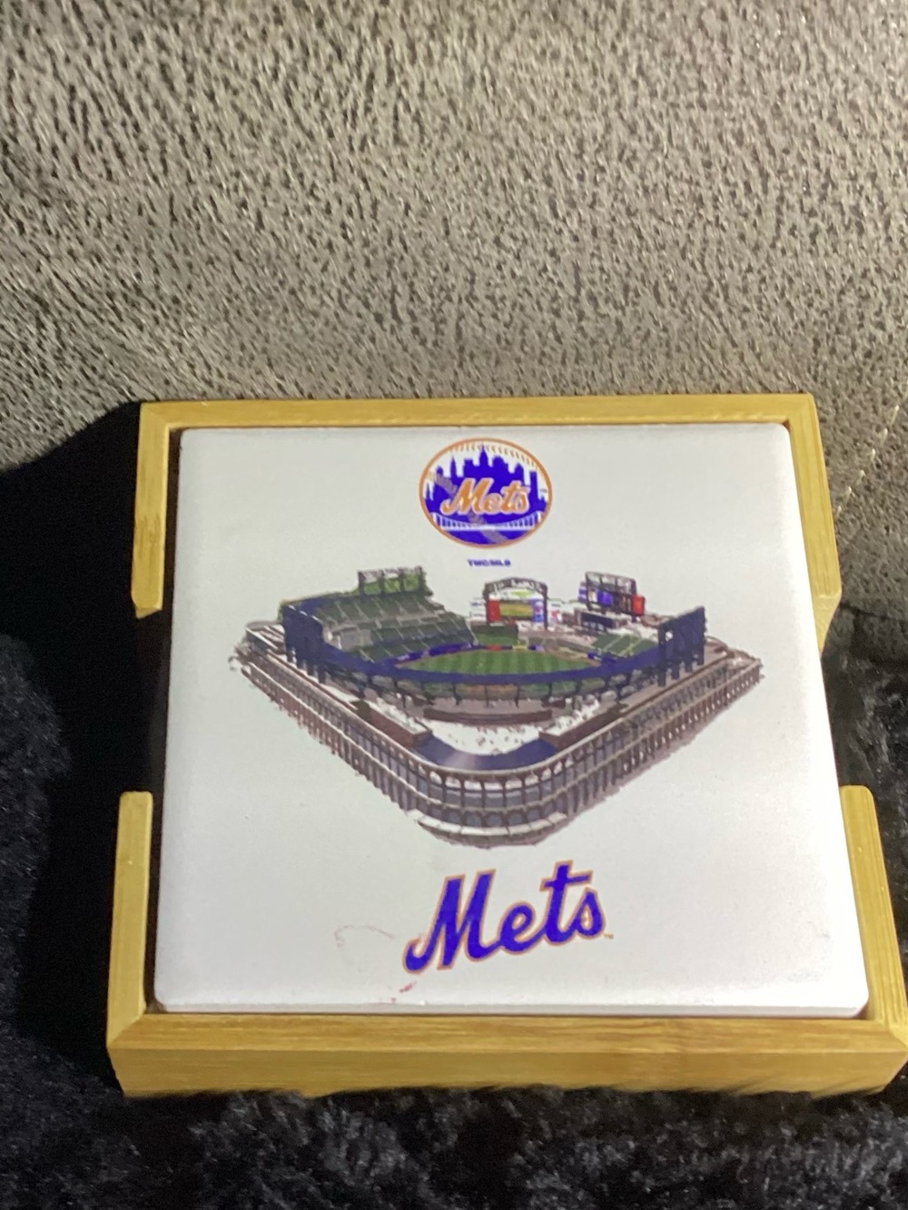New York Mets Ceramic Tile Coaster with Wood Frame - White, Blue, Orange